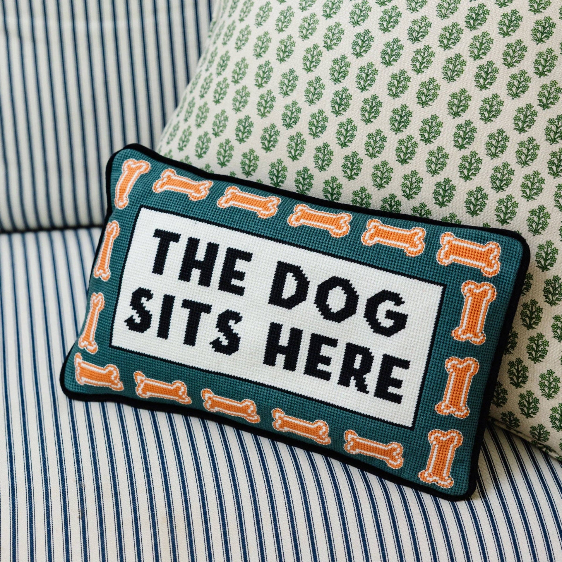 'Dog Sits Here' Needlepoint Pillow