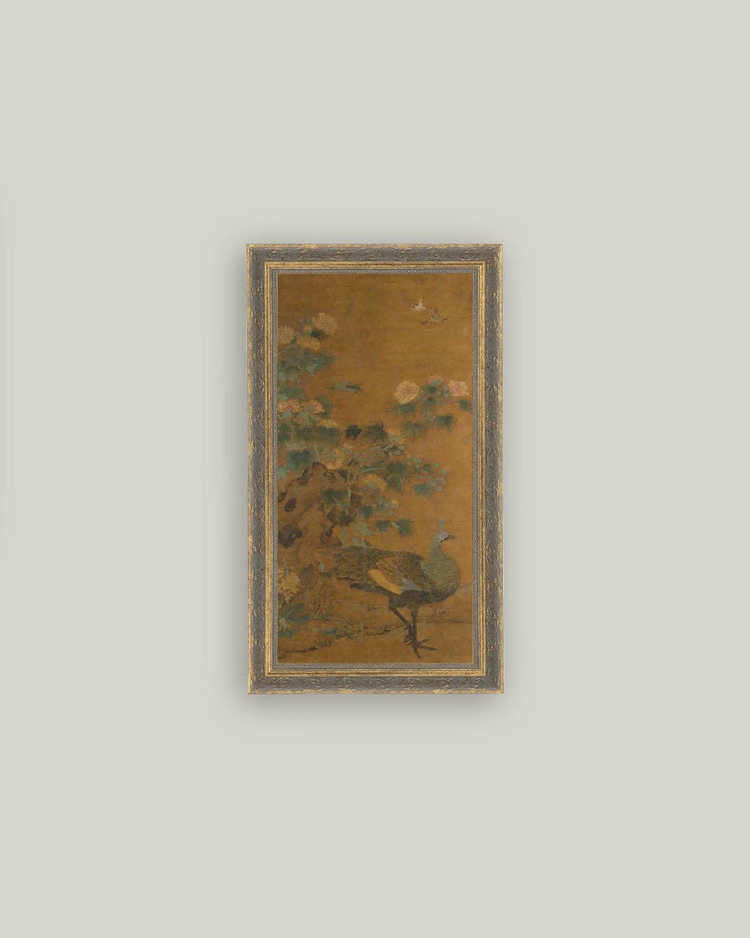 Peacock and Hollyhocks Framed Art Print